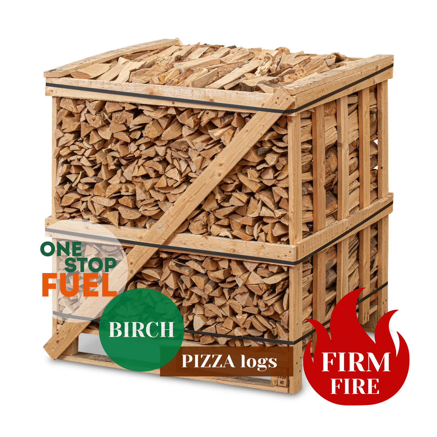Hardwood Pizza logs Firewood 1.5m³ - 450kg Kiln Dried (4 Row) Crate