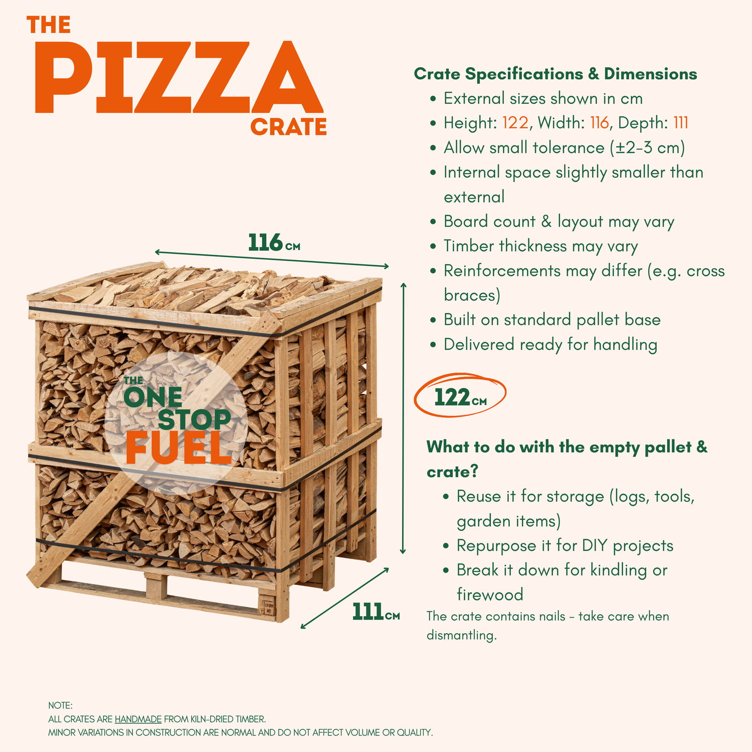 Hardwood Pizza logs Firewood 1.5m³ - 450kg Kiln Dried (4 Row) Crate