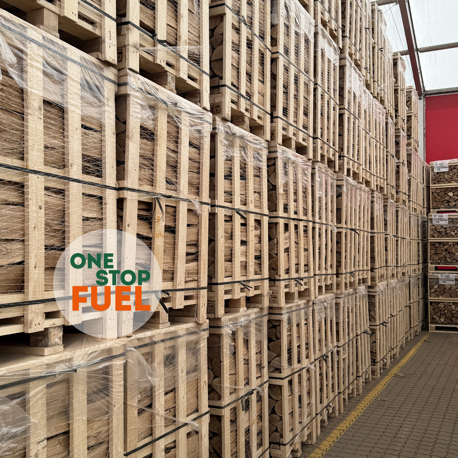 Stacks of wooden crates in a warehouse The OneStopFuel Ireland deivery