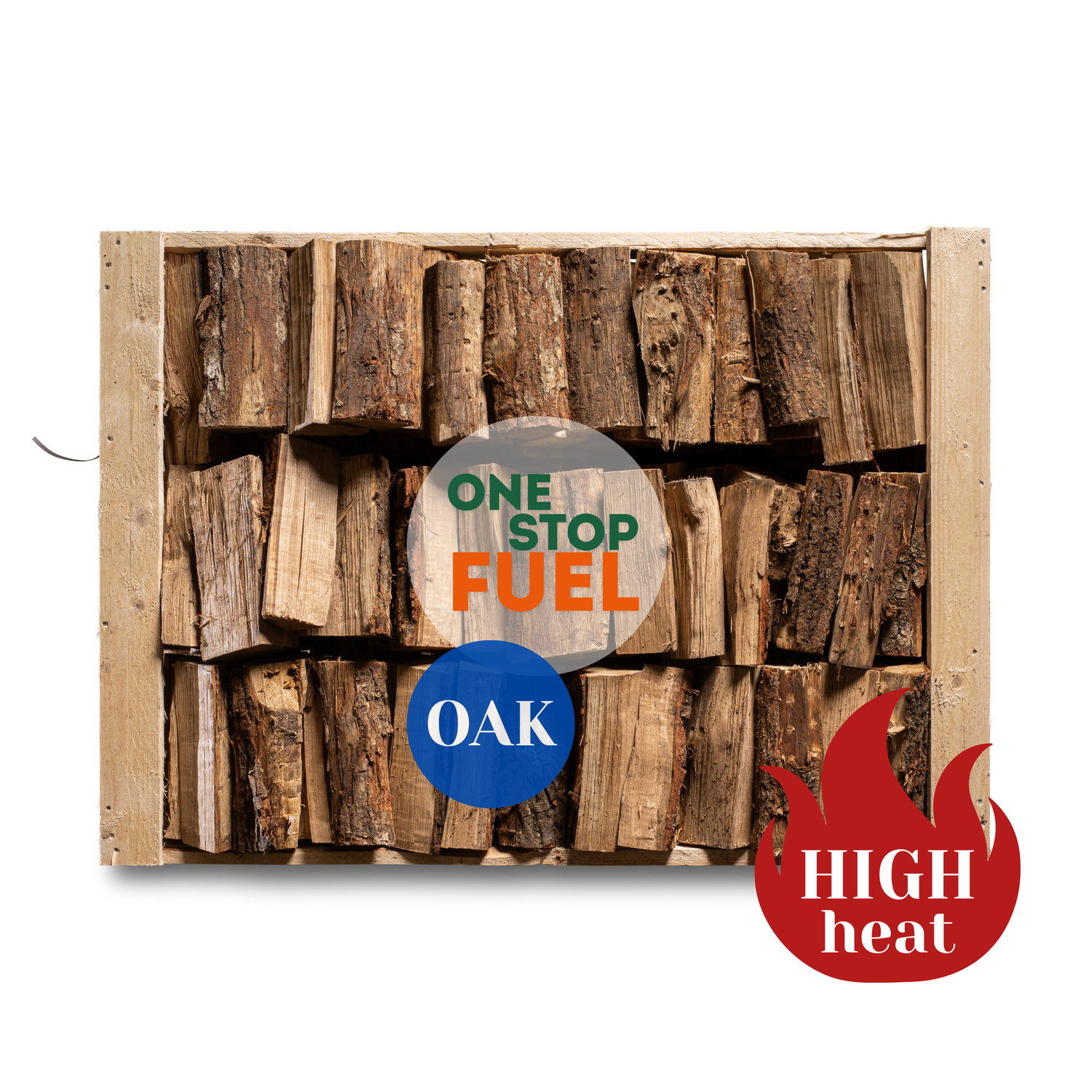 Stack of oak firewood with TheOneStopFuel branding and text indicating high heat.