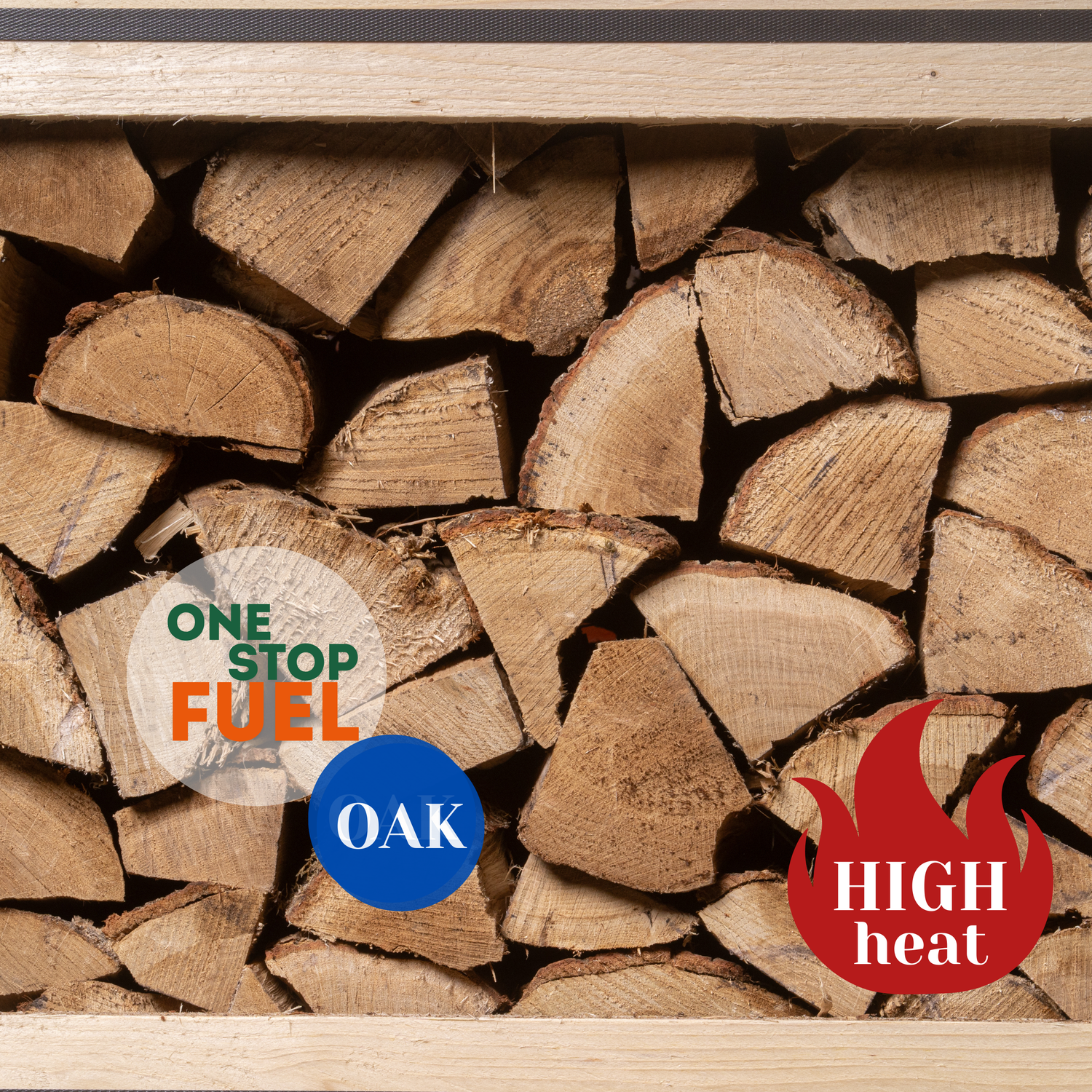 Stack of chopped oak firewood with TheOneStopfuel close up