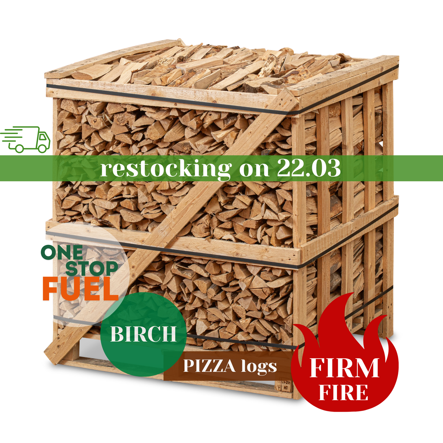 Hardwood Pizza logs Firewood 1.5m³ - 450kg Kiln Dried (4 Row) Crate