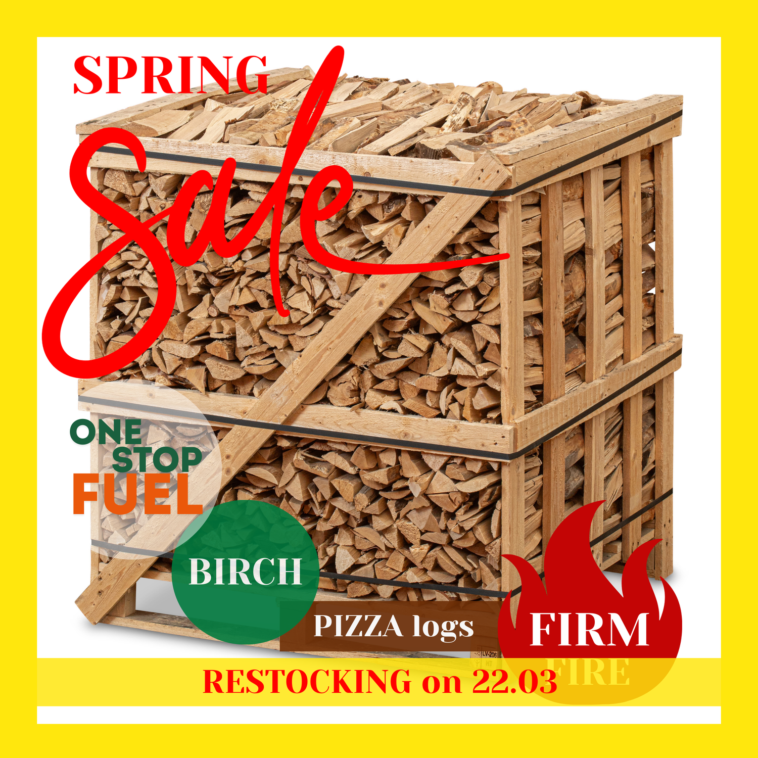 Hardwood Pizza logs Firewood 1.5m³ - 450kg Kiln Dried (4 Row) Crate