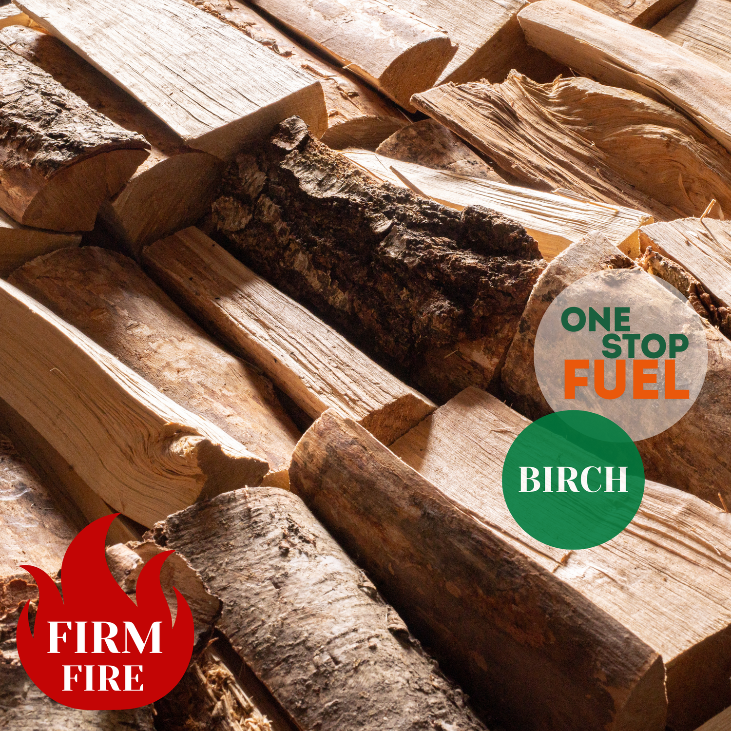 Stack of birch logs with The OneStopFuel and 'Firm Fire' logos, bark, hardwood, delivery, Cork, Dublin