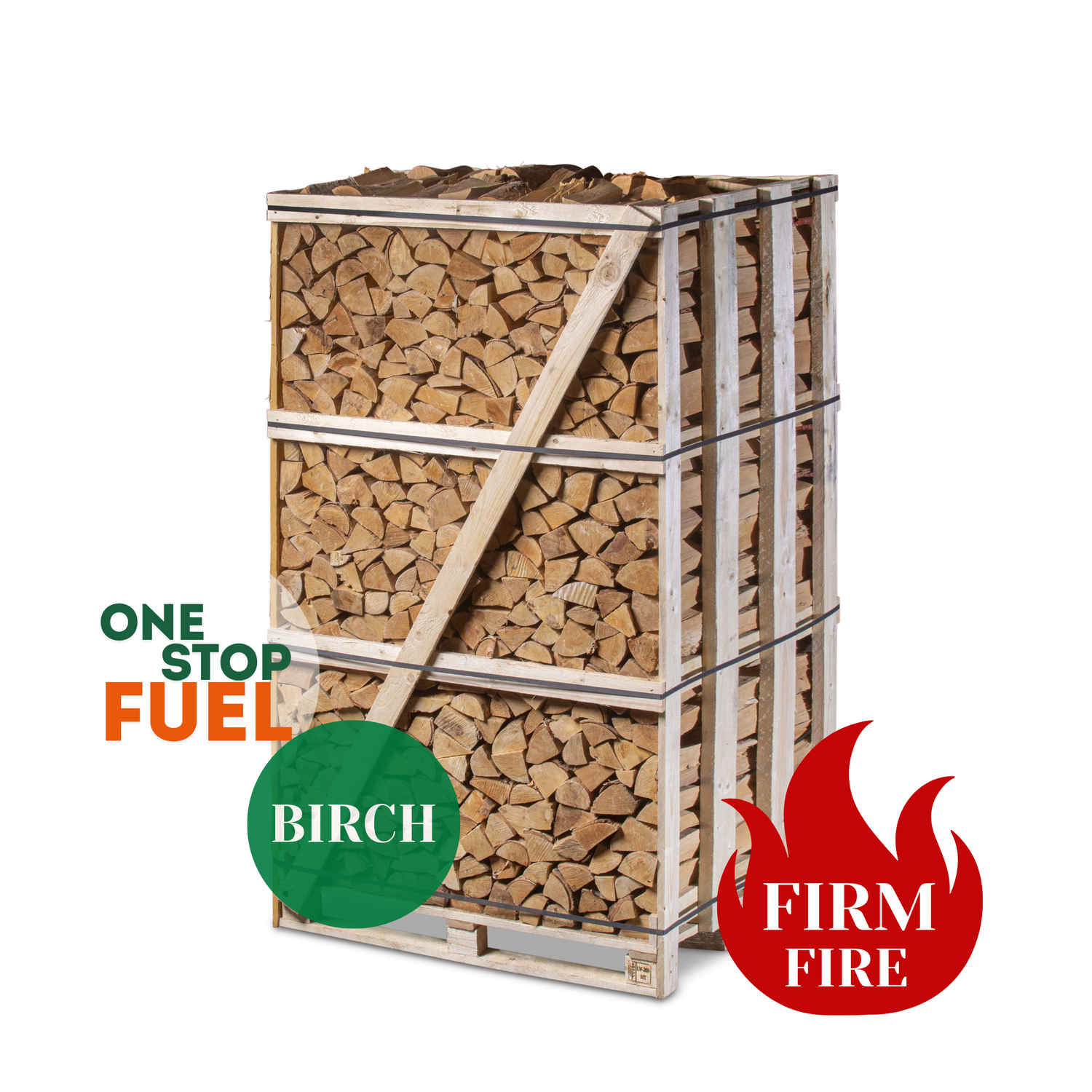 Large 880kg crate of kiln-dried birch firewood prepared for efficient home heating in Ireland - The OneStopFuel Ireland