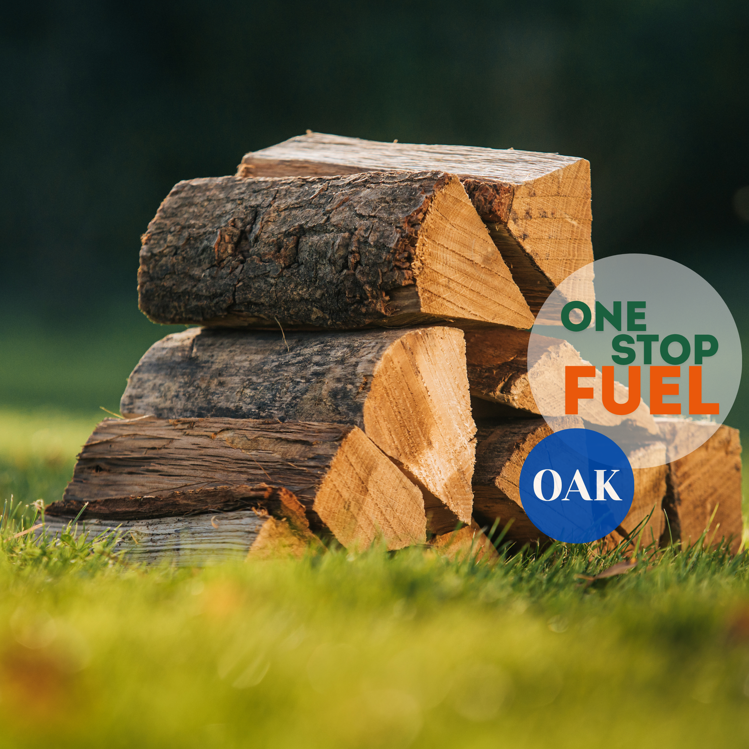 Stack of chopped oak logs on grass with