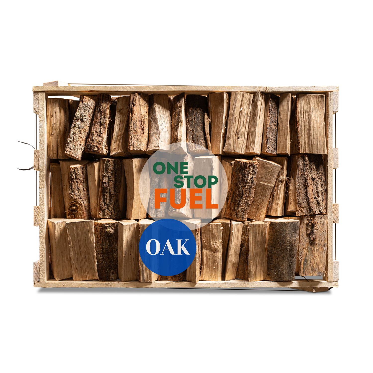 Wooden crate filled with firewood (oak logs) on a white background - The OneStopFuel Ireland