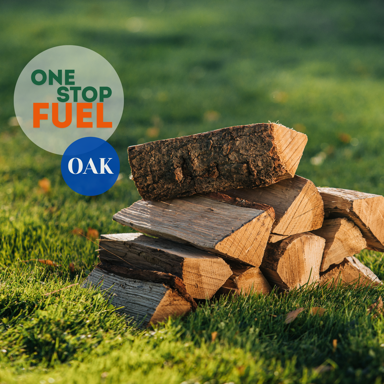Kiln-dried oak firewood logs placed on grass showing dense hardwood quality for long-lasting heat - The OneStopFuel Ireland