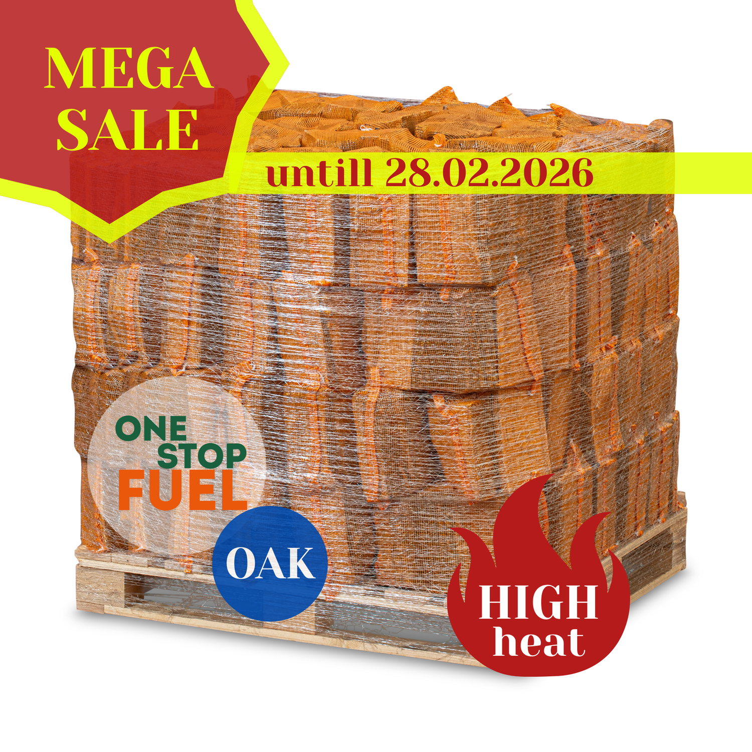 Premium kiln-dried oak firewood bags on pallet – 560kg hardwood logs ready for delivery in Ireland – The OneStopFuel Ireland- ON SALE