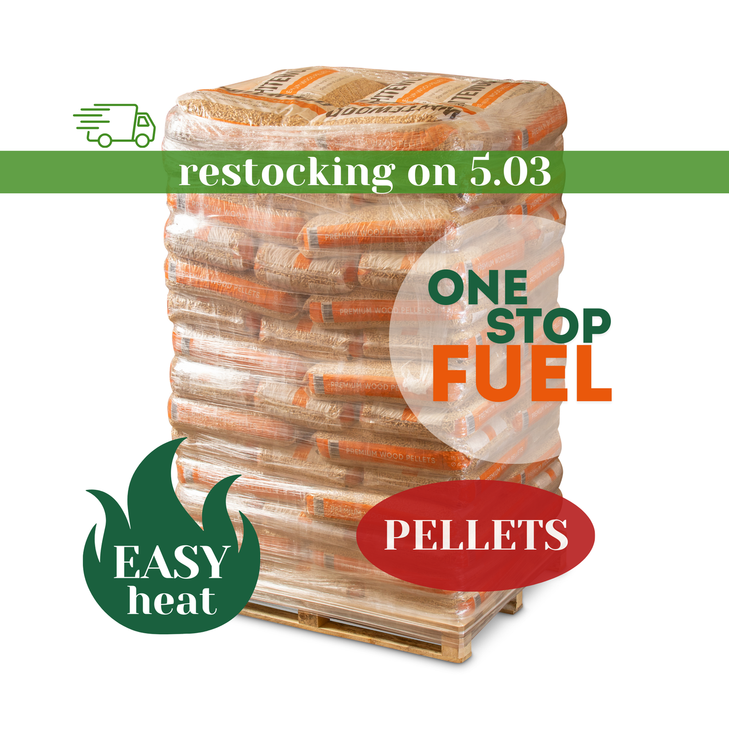 Premium wood pellets pallet with 70 bags of ENplus A1 certified heating pellets ready for delivery - The OneStopFuel Ireland
