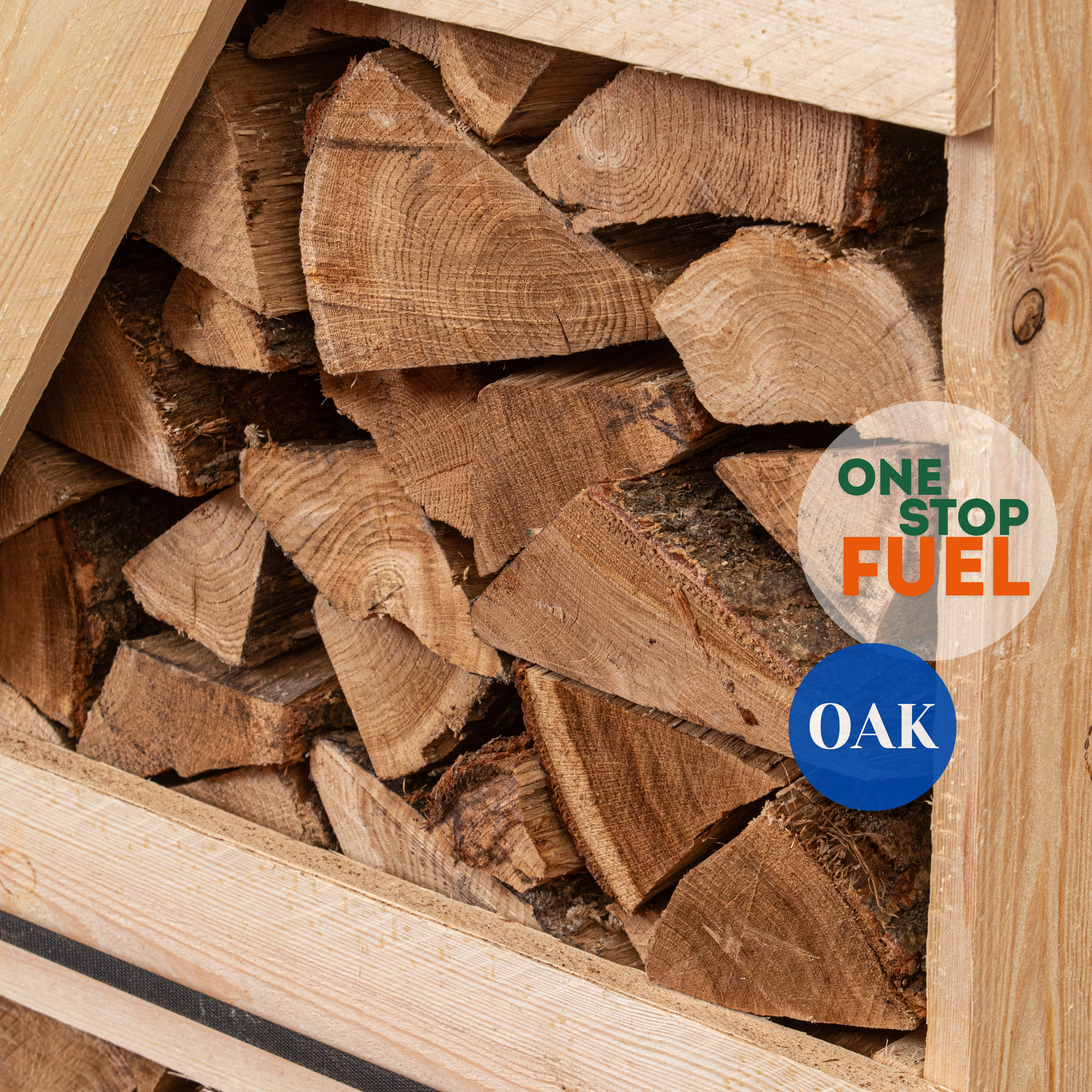 Large wooden crate filled with premium oak firewood logs for bulk heating use - The OneStopFuel Ireland