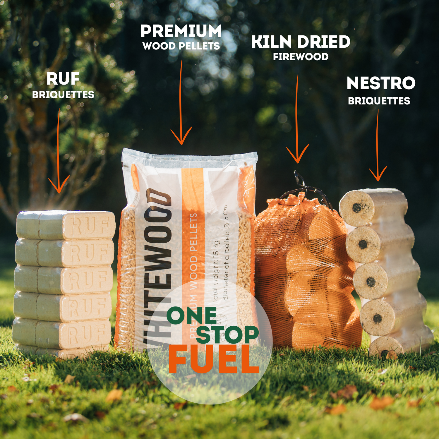 Premium wood fuel range showing wood pellets, kiln-dried firewood, RUF briquettes and Nestro briquettes displayed outdoors - The OneStopFuel Ireland