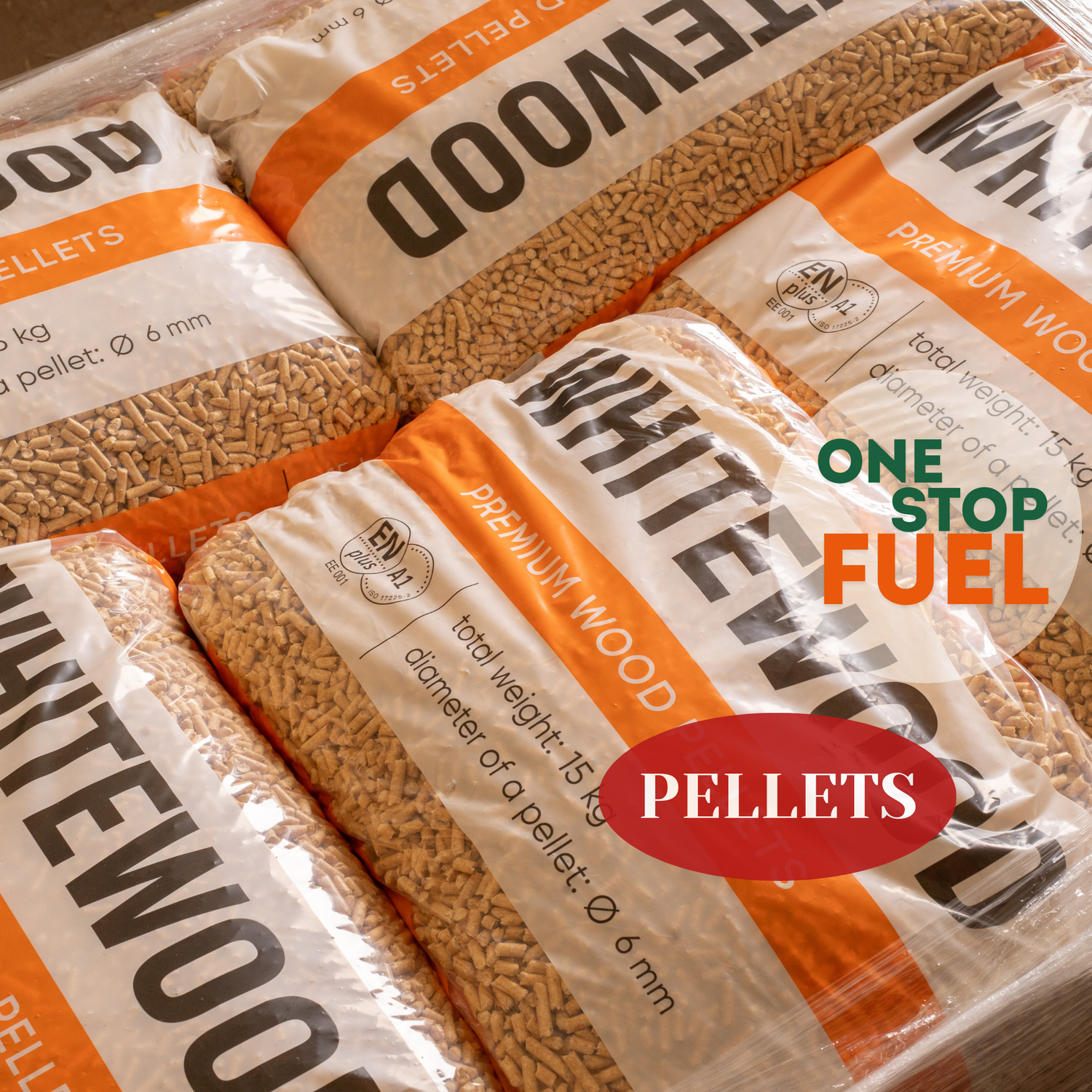 Packages of wood pellets with visible branding and product details - The OneStopFuel Ireland