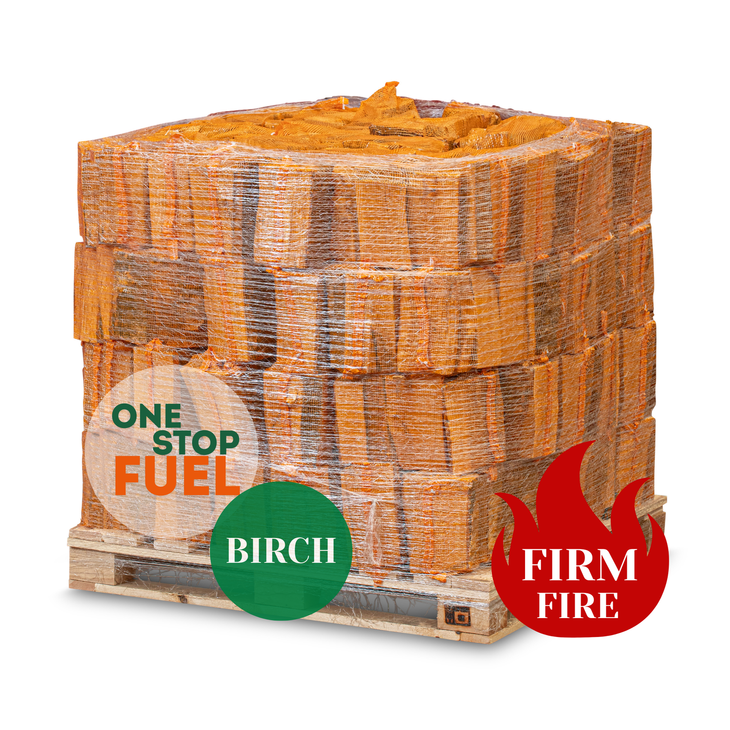 Stack of wrapped birch wood on a pallet with 'One Stop Fuel' branding and fire safety labels.