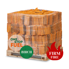 Stack of wrapped birch wood on a pallet with 'One Stop Fuel' branding and fire safety labels.