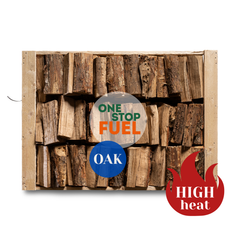 Stack of oak firewood with TheOneStopFuel branding and text indicating high heat.