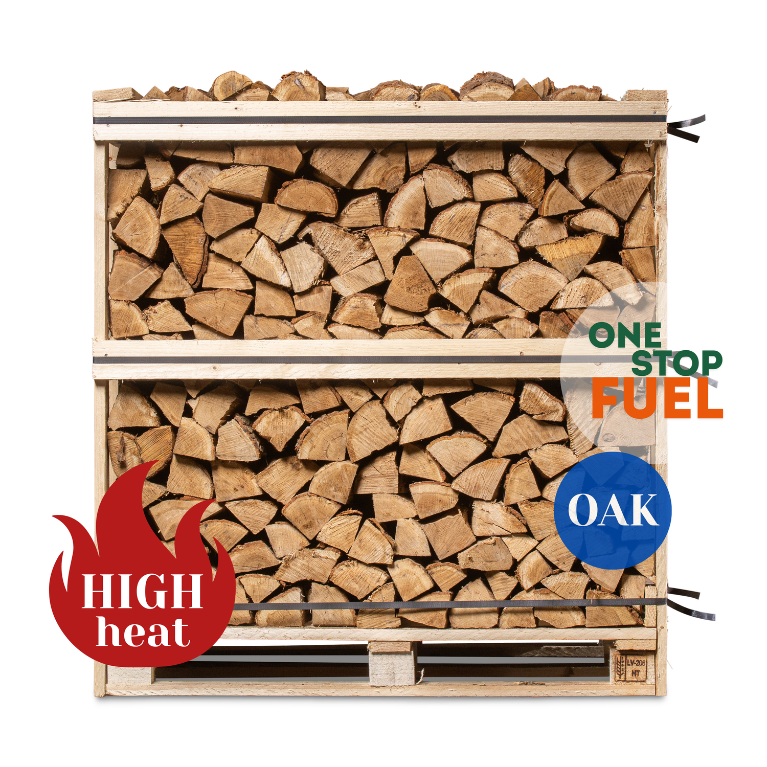 Stack of chopped wood in a wooden crate with The OneStopFuel branding and product features.