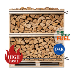 Stack of chopped wood in a wooden crate with The OneStopFuel branding and product features.