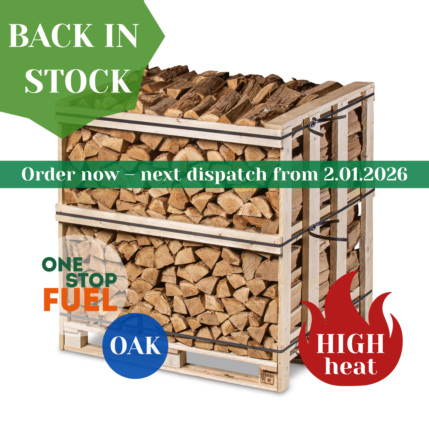 Premium OAK Firewood 1.2M (3-rows) - 480kg crate