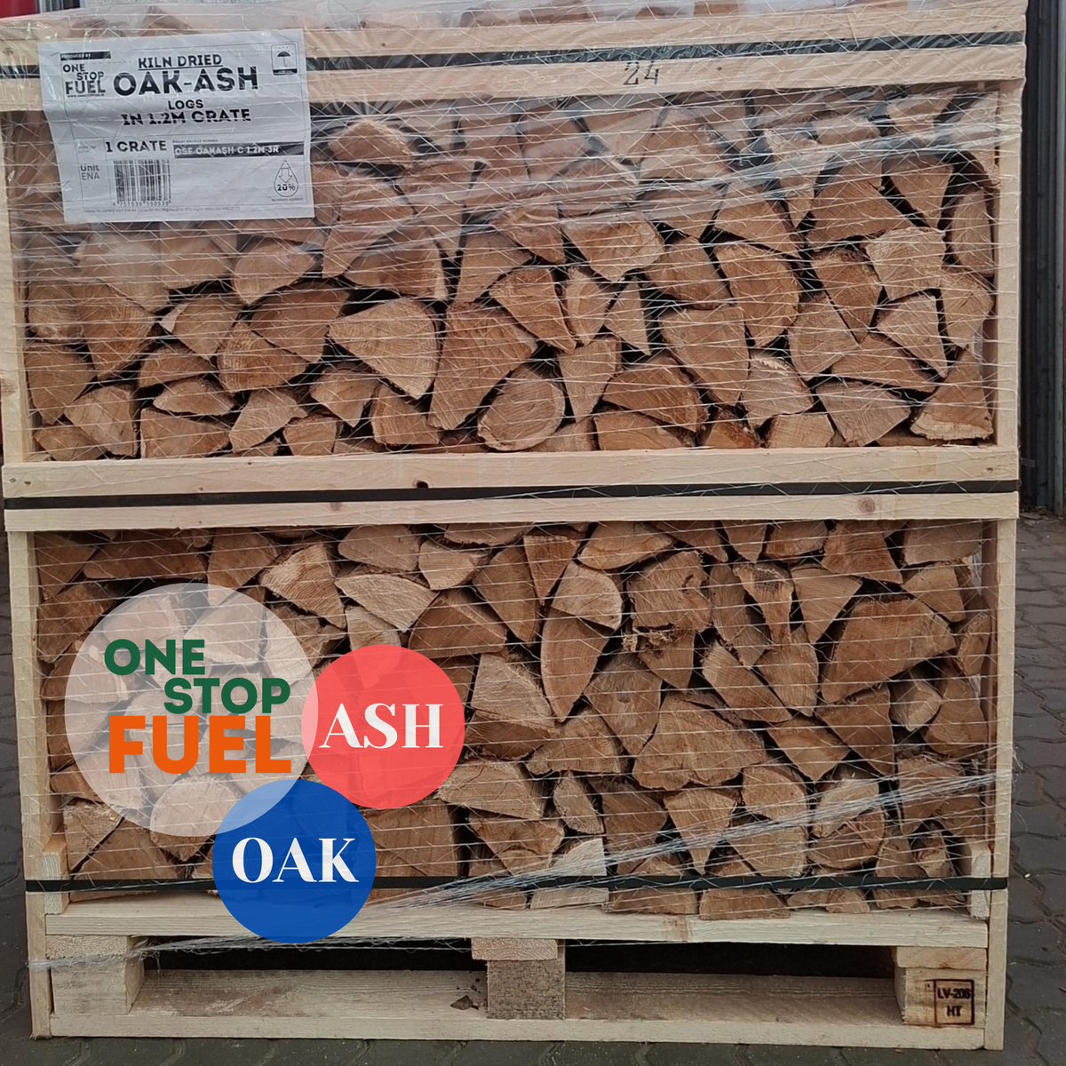A OneStopFuel firewood crate on a pallet, ready for delivery