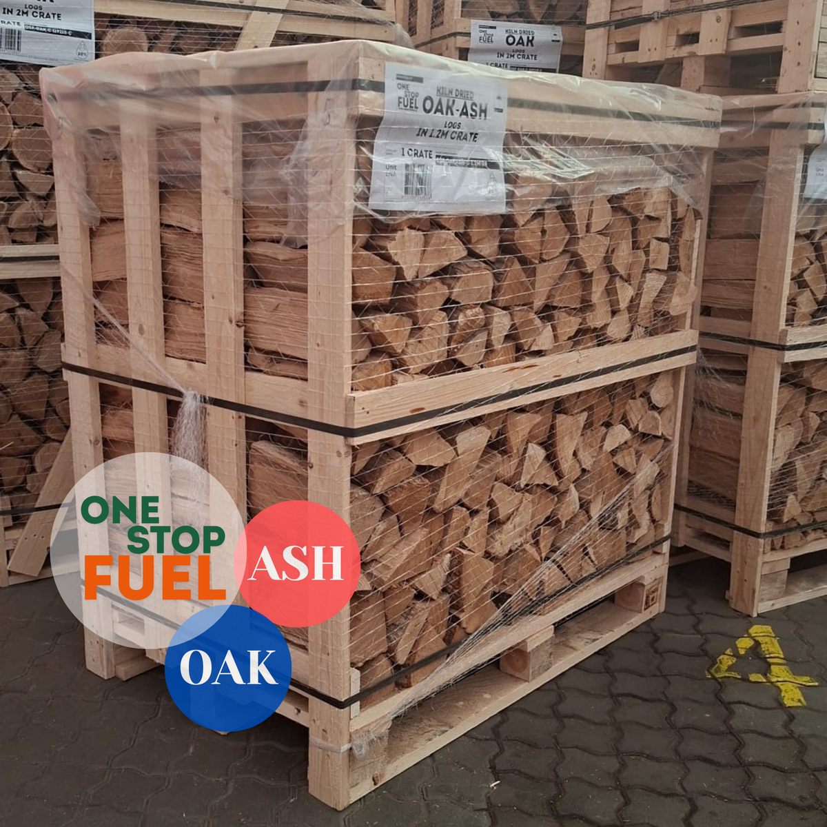 A OneStopFuel firewood crate on a pallet, ready for delivery