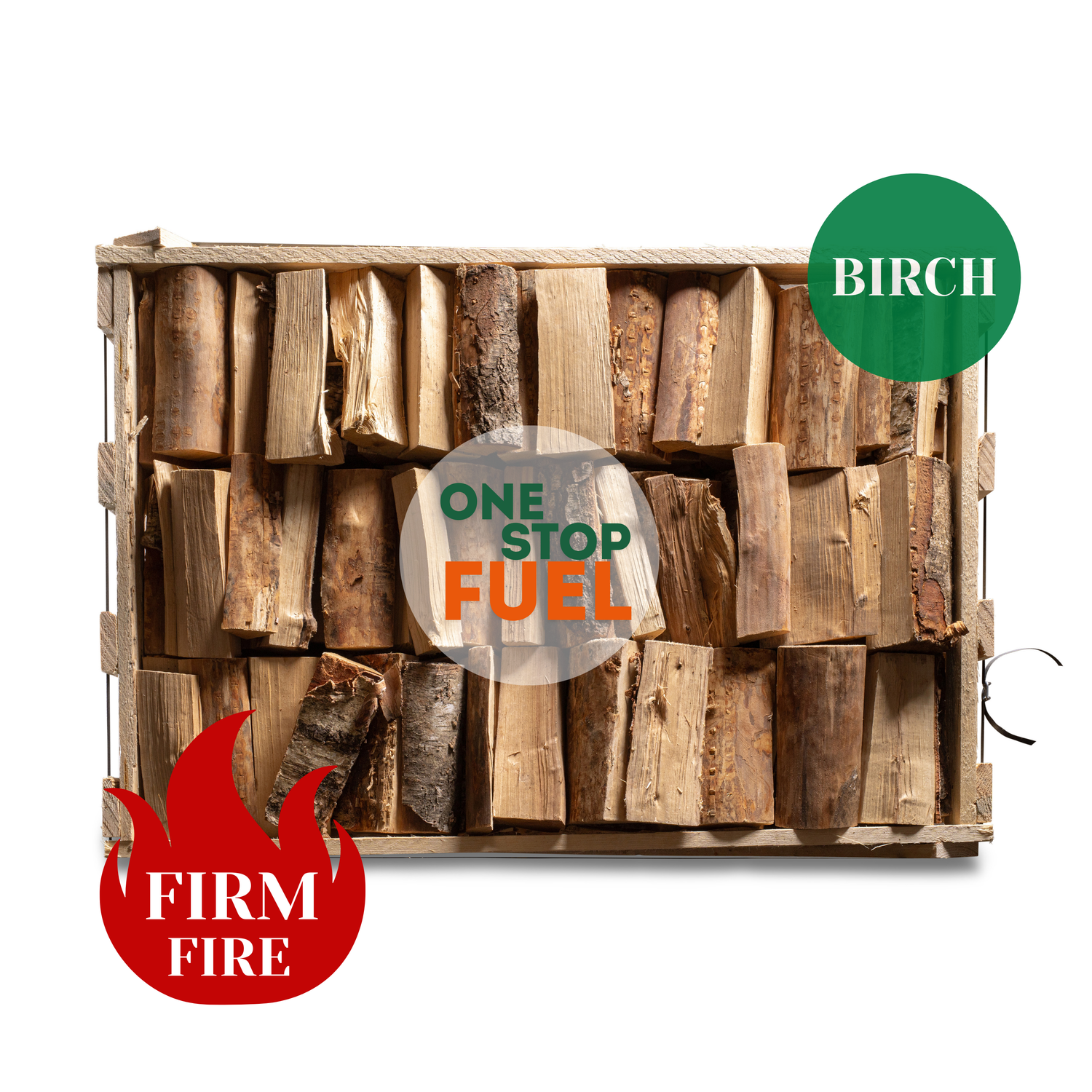 Close-up of kiln-dried birch logs showing clean cuts and natural hardwood texture, from top of the crate - The OneStopFuel Ireland