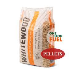 Bag of wood pellets with branding and product details on a white background- The OneStopFuel Ireland