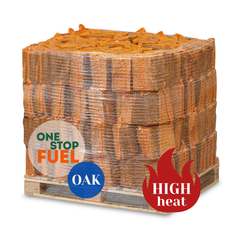 Kiln-dried oak firewood in net bags stacked on pallet for home heating and wood burners – The OneStopFuel Ireland