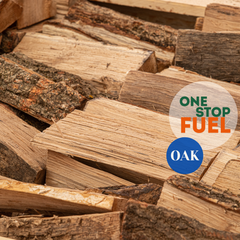 Stack of wooden logs with 'One Stop Fuel' logo overlay