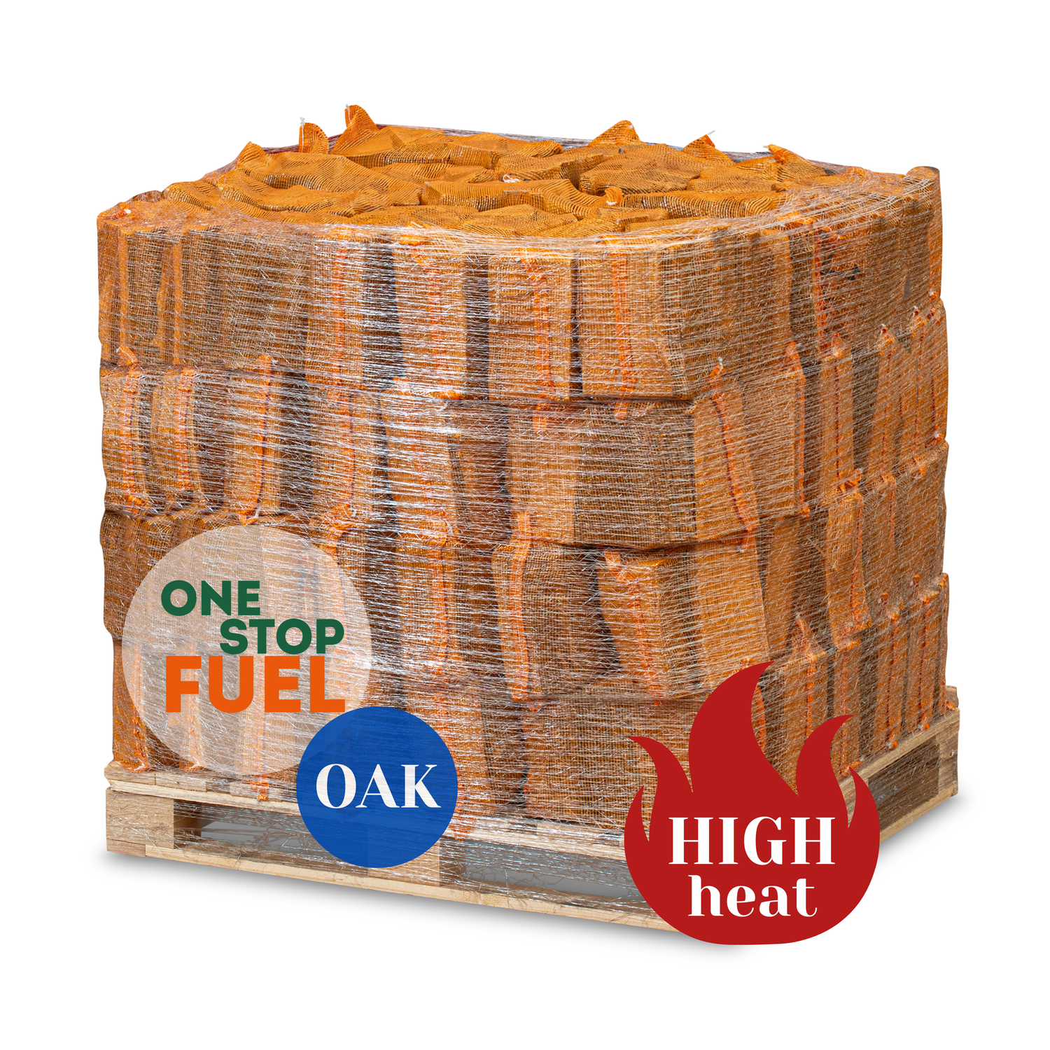 Stack of oak firewood on a pallet with branding and product features displayed.