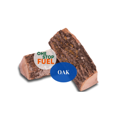 Two pieces of oak wood with The OneStopFuel logo and 'Oak' label on a white background