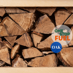 Close-up of kiln-dried oak logs showing dense hardwood texture and clean cuts and packed in crate - The OneStopFuel Ireland