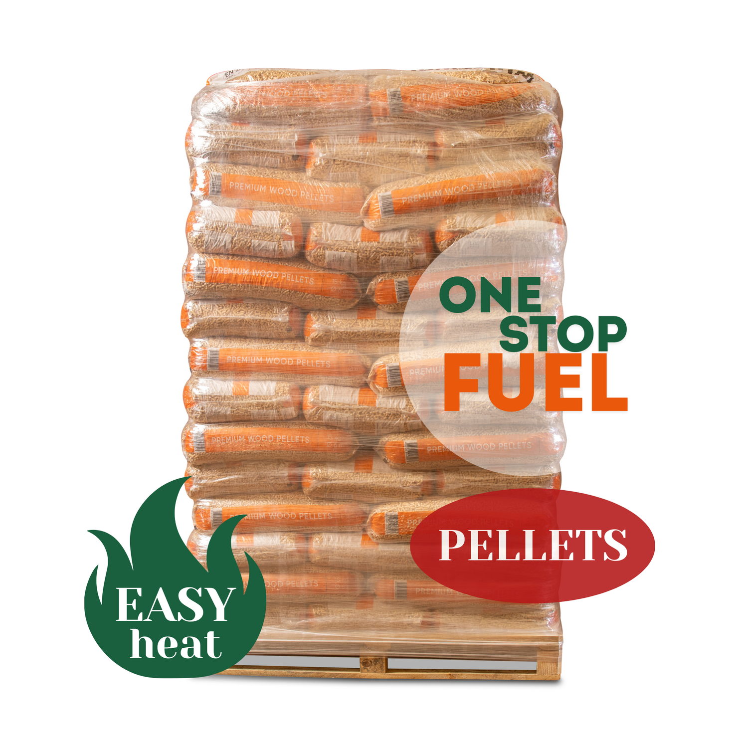 Stacked heating wood pellet bags on pallet showing organised packaging and bulk fuel supply - The OneStopFuel Ireland