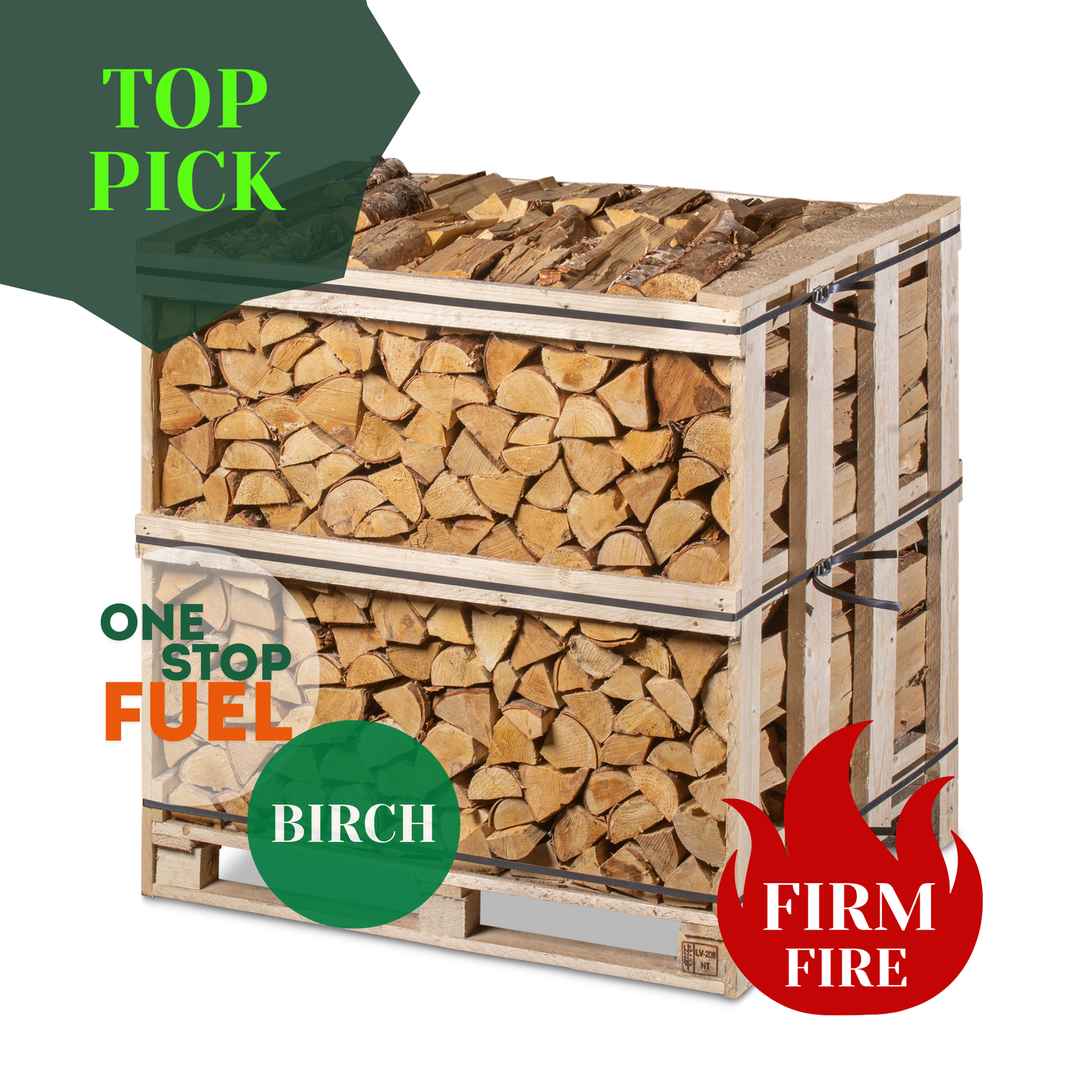 Premium kiln-dried birch firewood in 1.2M crate stacked in three rows ready for delivery - The OneStopFuel Ireland