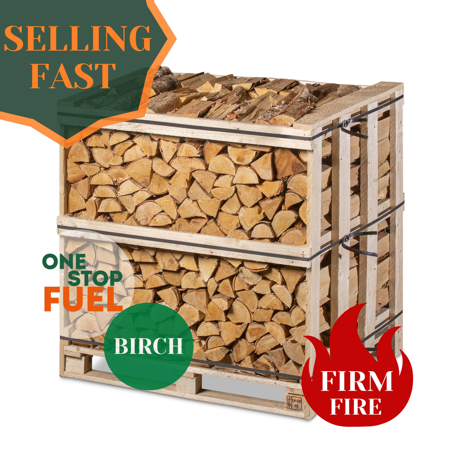 Kiln-dried birch firewood neatly stacked in wooden crate showing premium hardwood logs ready for delivery across Ireland - The OneStopFuel Ireland