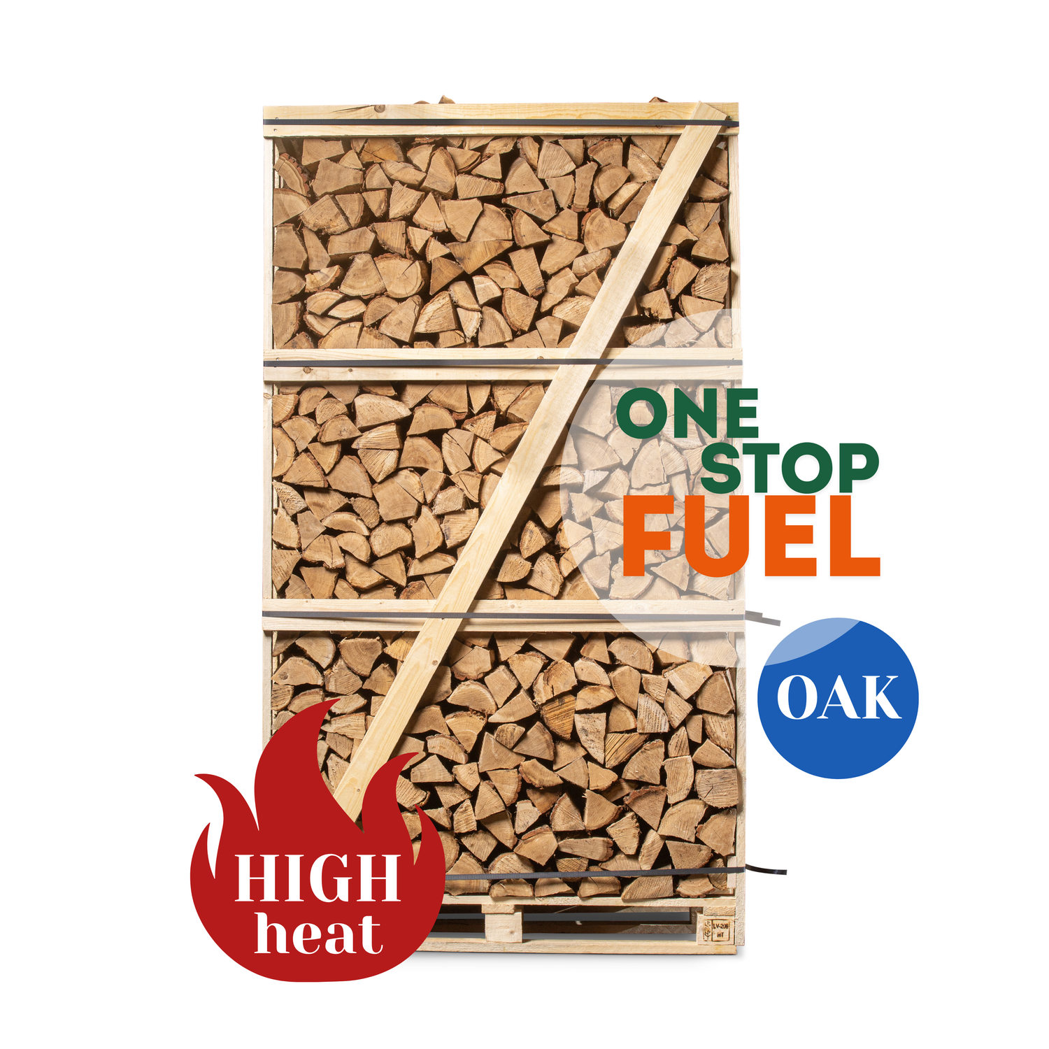 Premium kiln-dried oak firewood in 2M crate stacked in three rows ready for delivery - The OneStopFuel Ireland