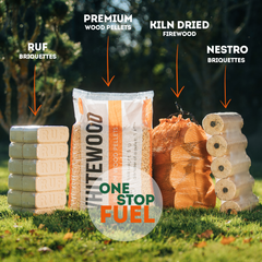 Premium wood fuel range showing wood pellets, kiln-dried firewood, RUF briquettes and Nestro briquettes displayed outdoors - The OneStopFuel Ireland